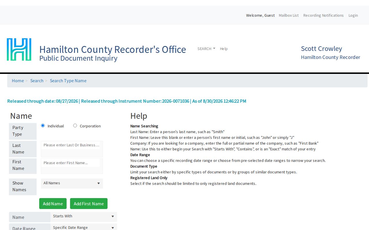 Hamilton County residents directory Recorder Acclaim name search