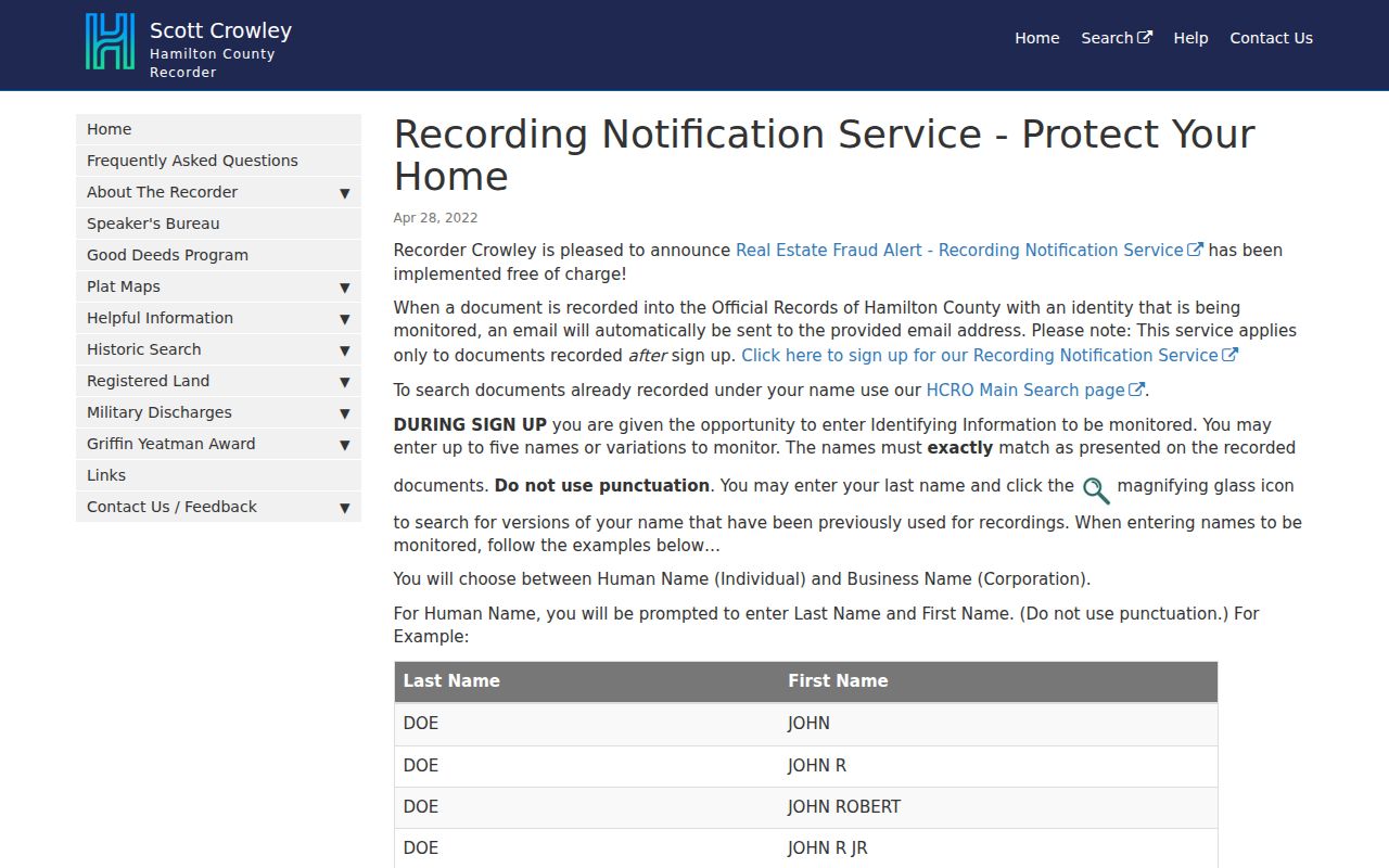 Hamilton County neighbors Recorder recording notification service