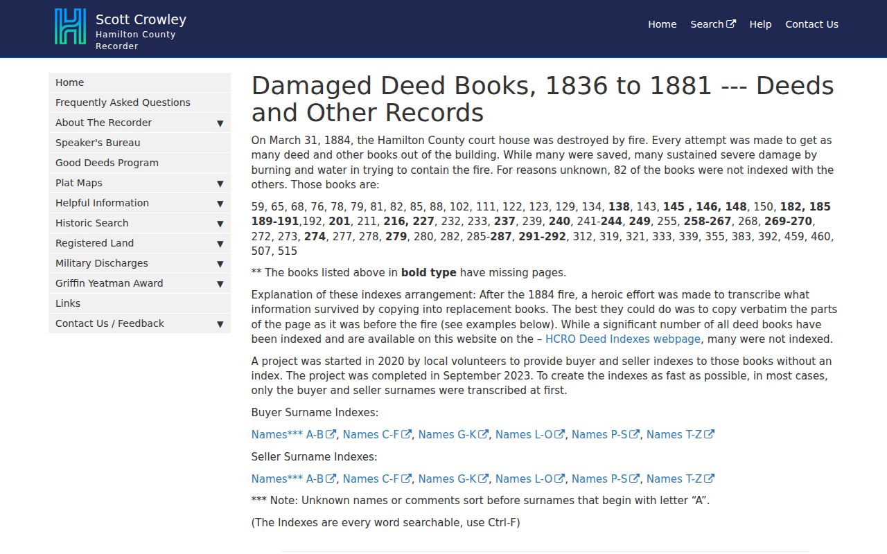 Hamilton County previous residents damaged deed books guide