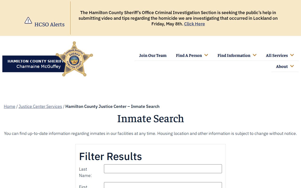 Hamilton County resident lookup Justice Center inmate search